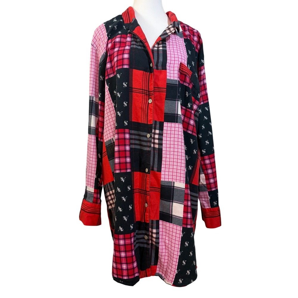 Victoria's Secret Sleep Shirt XL Red Patchwork Button Grunge Oversized Punk